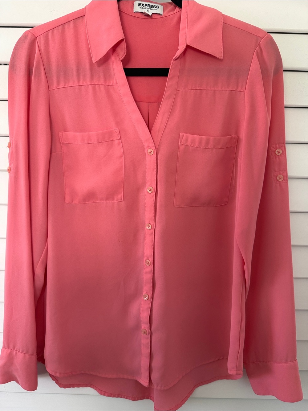 Express Portofino Coral-Pink Button Front Long Sleeve Blouse
